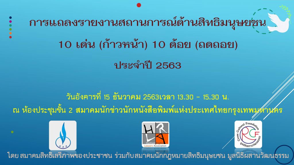 การแถลงรายงานสถานการณ์ด้านสิทธิมนุษยชน 10 เด่น(ก้าวหน้า) 10 ด้อย(ถดถอย) ประจำปี 2563
